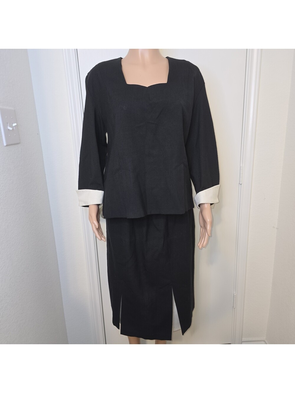 VTG 80s Black & White Secretary Outfit Blouse Skirt Office Career Sz L/XL